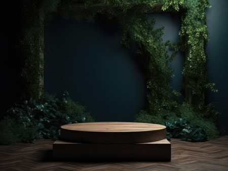 Cosmetics product advertising stand. Exhibition wooden podium on green background with leaves and shadows. Empty pedestal to display product packaging. Mockup. Generative AI.の素材