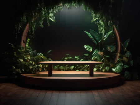 Cosmetics product advertising stand. Exhibition wooden podium on green background with leaves and shadows. Empty pedestal to display product packaging. Mockup. Generative AI.の素材
