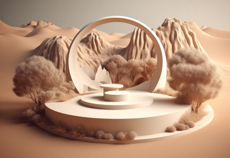 Podium on sand background. Display with sunshade and shadow on the background for cosmetic perfume fashion natural product. Generative AI.の素材