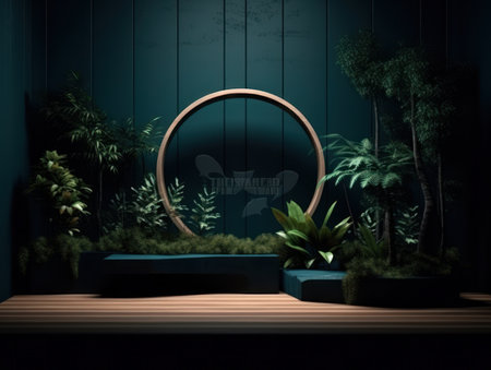 Cosmetics product advertising stand. Exhibition wooden podium on green background with leaves and shadows. Empty pedestal to display product packaging. Mockup. Generative AI.の素材