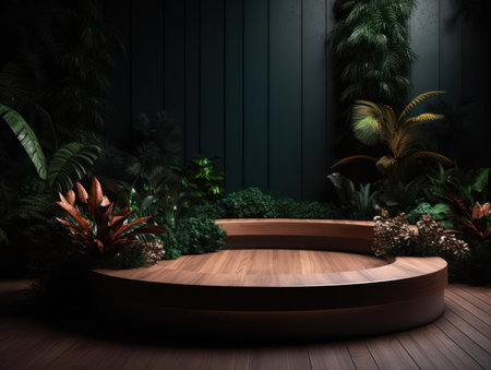 Cosmetics product advertising stand. Exhibition wooden podium on green background with leaves and shadows. Empty pedestal to display product packaging. Mockup. Generative AI.の素材