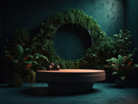 Cosmetics product advertising stand. Exhibition wooden podium on green background with leaves and shadows. Empty pedestal to display product packaging. Mockup. Generative AI.の素材