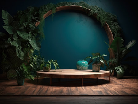 Cosmetics product advertising stand. Exhibition wooden podium on green background with leaves and shadows. Empty pedestal to display product packaging. Mockup. Generative AI.の素材