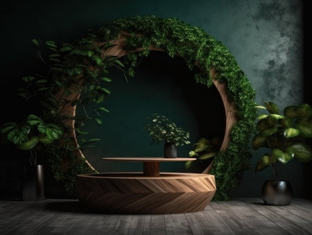 Cosmetics product advertising stand. Exhibition wooden podium on green background with leaves and shadows. Empty pedestal to display product packaging. Mockup. Generative AI.の素材