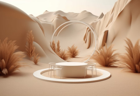 Podium on sand background. Display with sunshade and shadow on the background for cosmetic perfume fashion natural product. Generative AI.の素材