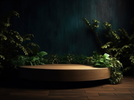 Cosmetics product advertising stand. Exhibition wooden podium on green background with leaves and shadows. Empty pedestal to display product packaging. Mockup. Generative AI.の素材