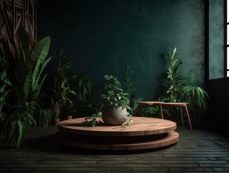 Cosmetics product advertising stand. Exhibition wooden podium on green background with leaves and shadows. Empty pedestal to display product packaging. Mockup. Generative AI.の素材