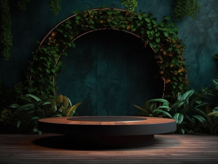 Cosmetics product advertising stand. Exhibition wooden podium on green background with leaves and shadows. Empty pedestal to display product packaging. Mockup. Generative AI.の素材