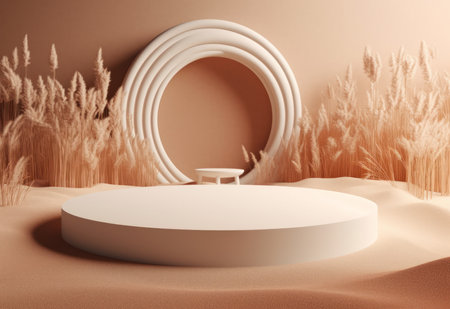 Podium on sand background. Display with sunshade and shadow on the background for cosmetic perfume fashion natural product. Generative AI.の素材