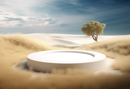 Podium on sand background. Display with sunshade and shadow on the background for cosmetic perfume fashion natural product. Generative AI.の素材