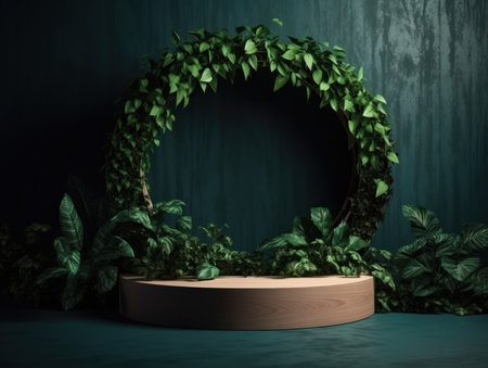 Cosmetics product advertising stand. Exhibition wooden podium on green background with leaves and shadows. Empty pedestal to display product packaging. Mockup. Generative AI.の素材