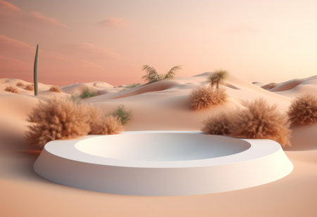 Podium on sand background. Display with sunshade and shadow on the background for cosmetic perfume fashion natural product. Generative AI.の素材