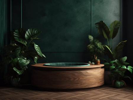 Cosmetics product advertising stand. Exhibition wooden podium on green background with leaves and shadows. Empty pedestal to display product packaging. Mockup. Generative AI.の素材