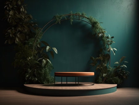 Cosmetics product advertising stand. Exhibition wooden podium on green background with leaves and shadows. Empty pedestal to display product packaging. Mockup. Generative AI.の素材