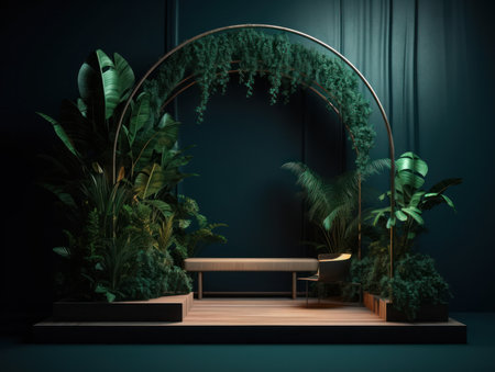 Cosmetics product advertising stand. Exhibition wooden podium on green background with leaves and shadows. Empty pedestal to display product packaging. Mockup. Generative AI.の素材