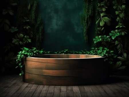 Cosmetics product advertising stand. Exhibition wooden podium on green background with leaves and shadows. Empty pedestal to display product packaging. Mockup. Generative AI.の素材
