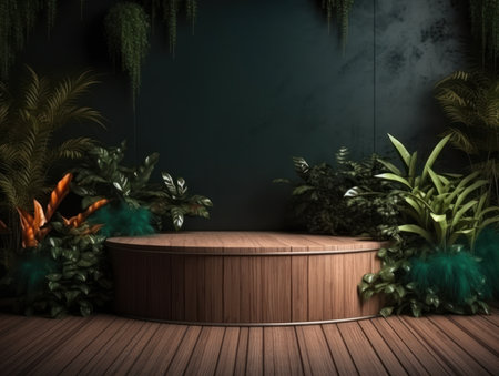 Cosmetics product advertising stand. Exhibition wooden podium on green background with leaves and shadows. Empty pedestal to display product packaging. Mockup. Generative AI.の素材