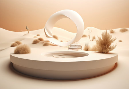 Podium on sand background. Display with sunshade and shadow on the background for cosmetic perfume fashion natural product. Generative AI.の素材