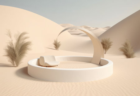 Podium on sand background. Display with sunshade and shadow on the background for cosmetic perfume fashion natural product. Generative AI.の素材