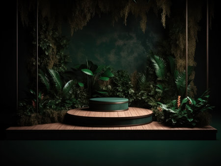 Cosmetics product advertising stand. Exhibition wooden podium on green background with leaves and shadows. Empty pedestal to display product packaging. Mockup. Generative AI.の素材