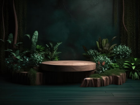 Cosmetics product advertising stand. Exhibition wooden podium on green background with leaves and shadows. Empty pedestal to display product packaging. Mockup. Generative AI.の素材