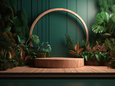 Cosmetics product advertising stand. Exhibition wooden podium on green background with leaves and shadows. Empty pedestal to display product packaging. Mockup. Generative AI.の素材