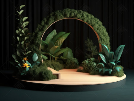 Cosmetics product advertising stand. Exhibition wooden podium on green background with leaves and shadows. Empty pedestal to display product packaging. Mockup. Generative AI.の素材