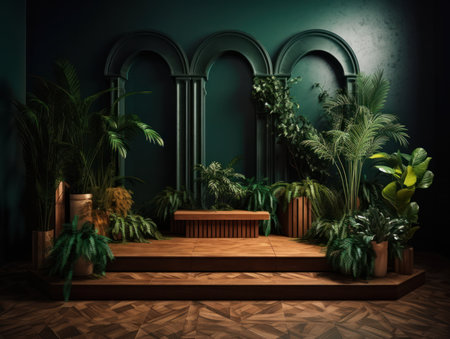Cosmetics product advertising stand. Exhibition wooden podium on green background with leaves and shadows. Empty pedestal to display product packaging. Mockup. Generative AI.の素材