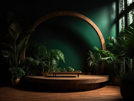 Cosmetics product advertising stand. Exhibition wooden podium on green background with leaves and shadows. Empty pedestal to display product packaging. Mockup. Generative AI.の素材