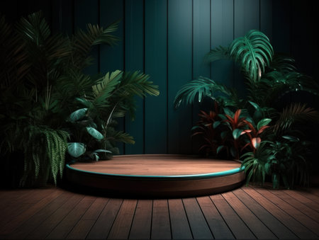 Cosmetics product advertising stand. Exhibition wooden podium on green background with leaves and shadows. Empty pedestal to display product packaging. Mockup. Generative AI.の素材