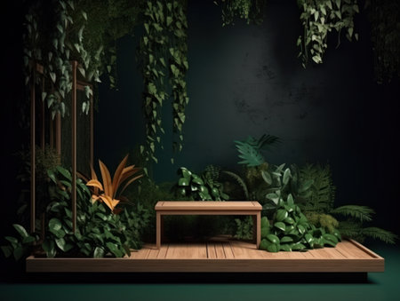 Cosmetics product advertising stand. Exhibition wooden podium on green background with leaves and shadows. Empty pedestal to display product packaging. Mockup. Generative AI.の素材