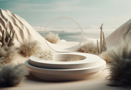 Podium on sand background. Display with sunshade and shadow on the background for cosmetic perfume fashion natural product. Generative AI.の素材