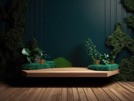 Cosmetics product advertising stand. Exhibition wooden podium on green background with leaves and shadows. Empty pedestal to display product packaging. Mockup. Generative AI.の素材