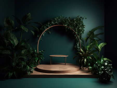 Cosmetics product advertising stand. Exhibition wooden podium on green background with leaves and shadows. Empty pedestal to display product packaging. Mockup. Generative AI.の素材