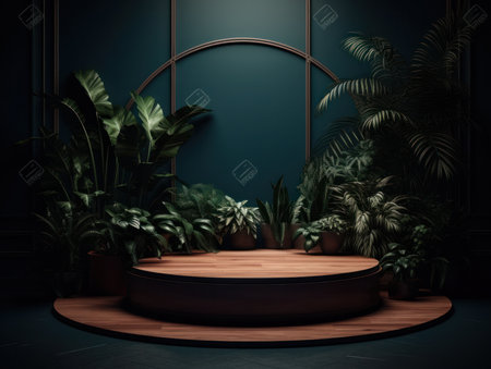 Cosmetics product advertising stand. Exhibition wooden podium on green background with leaves and shadows. Empty pedestal to display product packaging. Mockup. Generative AI.の素材
