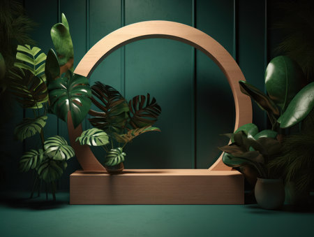 Cosmetics product advertising stand. Exhibition wooden podium on green background with leaves and shadows. Empty pedestal to display product packaging. Mockup. Generative AI.の素材