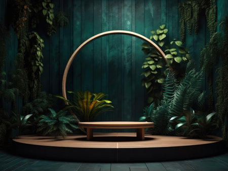 Cosmetics product advertising stand. Exhibition wooden podium on green background with leaves and shadows. Empty pedestal to display product packaging. Mockup. Generative AI.の素材
