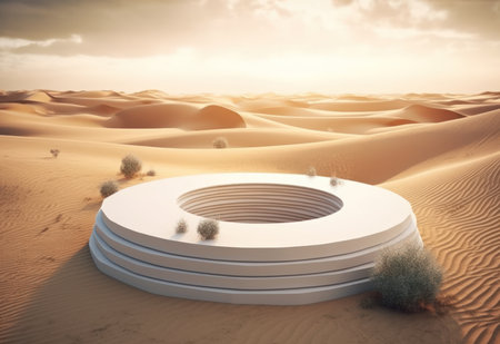 Podium on sand background. Display with sunshade and shadow on the background for cosmetic perfume fashion natural product. Generative AI.の素材