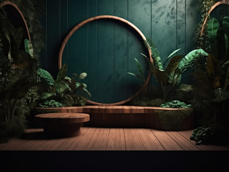 Cosmetics product advertising stand. Exhibition wooden podium on green background with leaves and shadows. Empty pedestal to display product packaging. Mockup. Generative AI.の素材
