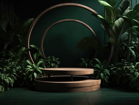 Cosmetics product advertising stand. Exhibition wooden podium on green background with leaves and shadows. Empty pedestal to display product packaging. Mockup. Generative AI.の素材
