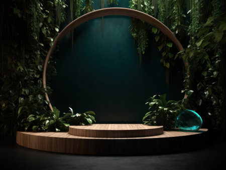Cosmetics product advertising stand. Exhibition wooden podium on green background with leaves and shadows. Empty pedestal to display product packaging. Mockup. Generative AI.の素材