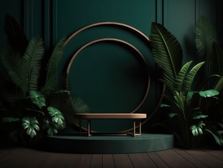 Cosmetics product advertising stand. Exhibition wooden podium on green background with leaves and shadows. Empty pedestal to display product packaging. Mockup. Generative AI.の素材