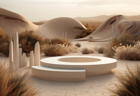 Podium on sand background. Display with sunshade and shadow on the background for cosmetic perfume fashion natural product. Generative AI.の素材