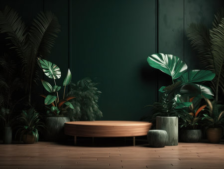 Cosmetics product advertising stand. Exhibition wooden podium on green background with leaves and shadows. Empty pedestal to display product packaging. Mockup. Generative AI.の素材