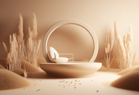 Podium on sand background. Display with sunshade and shadow on the background for cosmetic perfume fashion natural product. Generative AI.の素材