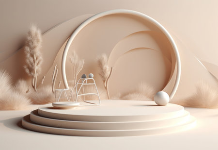 Podium on sand background. Display with sunshade and shadow on the background for cosmetic perfume fashion natural product. Generative AI.の素材