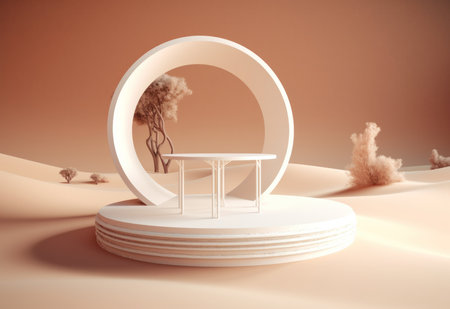 Podium on sand background. Display with sunshade and shadow on the background for cosmetic perfume fashion natural product. Generative AI.の素材