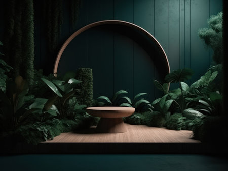 Cosmetics product advertising stand. Exhibition wooden podium on green background with leaves and shadows. Empty pedestal to display product packaging. Mockup. Generative AI.の素材