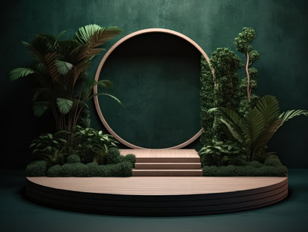 Cosmetics product advertising stand. Exhibition wooden podium on green background with leaves and shadows. Empty pedestal to display product packaging. Mockup. Generative AI.の素材