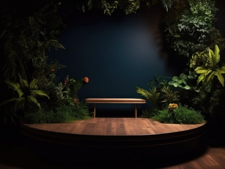 Cosmetics product advertising stand. Exhibition wooden podium on green background with leaves and shadows. Empty pedestal to display product packaging. Mockup. Generative AI.の素材